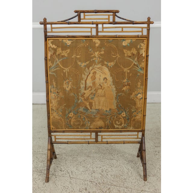 1940s Victorian Bamboo Fireplace Screen W. European Fabric For Sale - Image 5 of 10