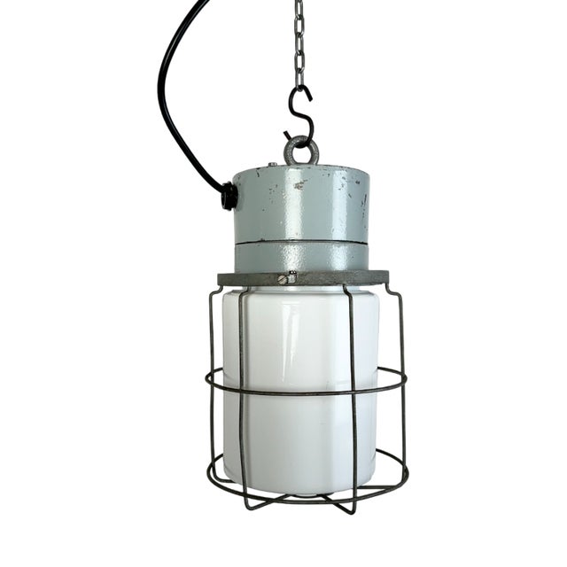 Industrial Aluminium Cage Light with Milk Glass from Elektrosvit, 1970s For Sale