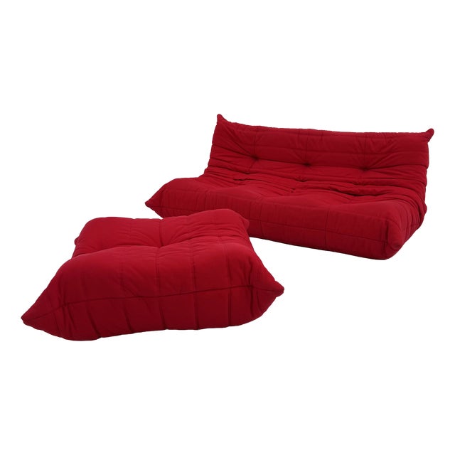 Set of Red 3-Seater Togo Sofa & Ottoman by Michel Ducaroy for Ligne Roset, 1970s For Sale