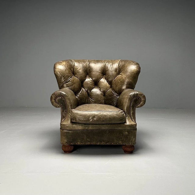 Traditional Georgian, Chesterfield, Oversized Lounge Chair, Tufted Green Leather For Sale - Image 3 of 11