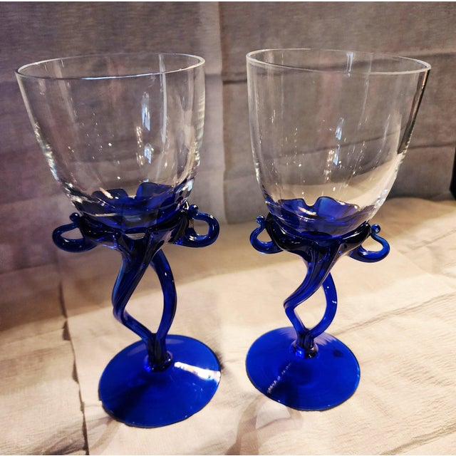 1970s 1970s Cobalt Blue Jellyfish Stem Art Glass Wine Goblets Hand Blown Jozefina Krosno - a Pair For Sale - Image 5 of 5