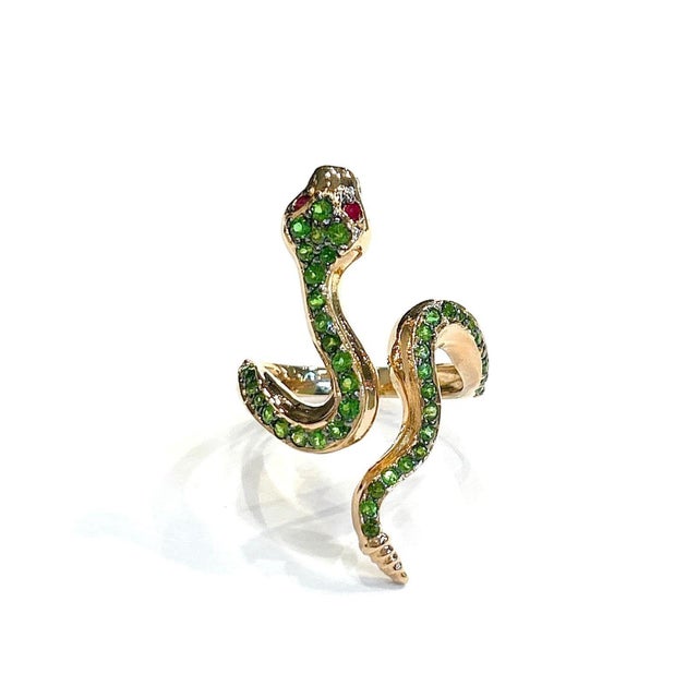 Bochic "Orient" Green Emerald & Red Ruby Serpent Ring In 18K Gold & Silver For Sale - Image 4 of 10