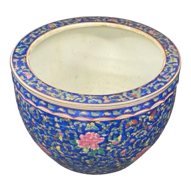 Vintage 12" Chinese Famille Noire Fish Bowl Planter Jardiniere Floral Porcelain For Sale