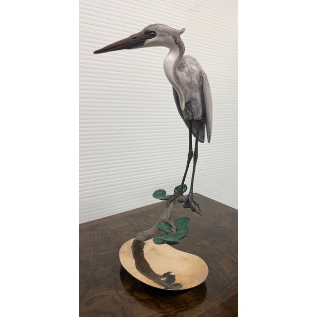 Coastal Brian Arthur Heron on a Branch With Lillies Bronze Sculpture For Sale - Image 3 of 12