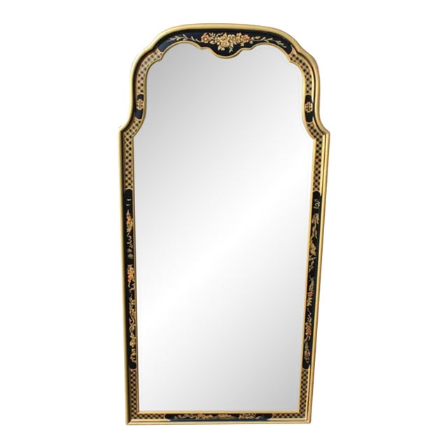 1970's Drexel Heritage Chinoiserie Black and Gold Hand Painted Wall Mirror For Sale