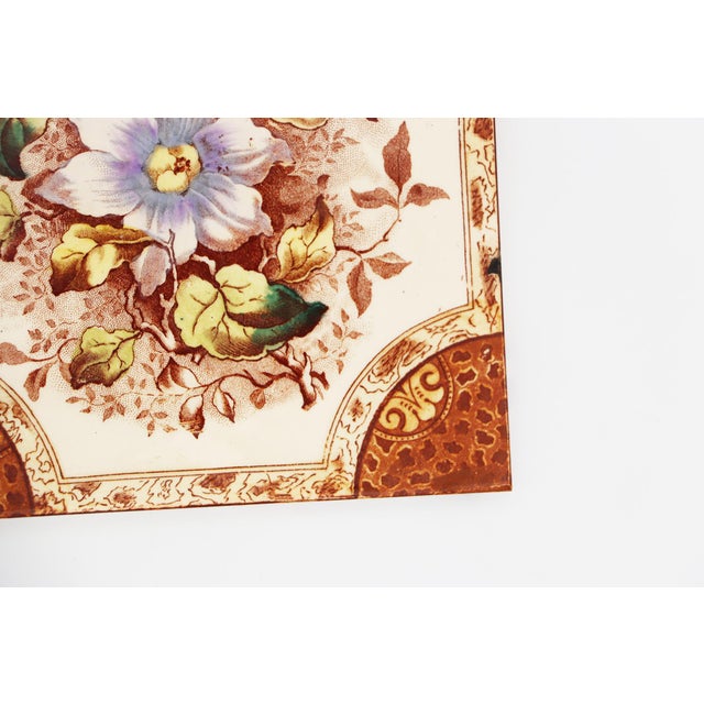 Victorian Floral Tile, 1900s Earthenware For Sale - Image 6 of 9