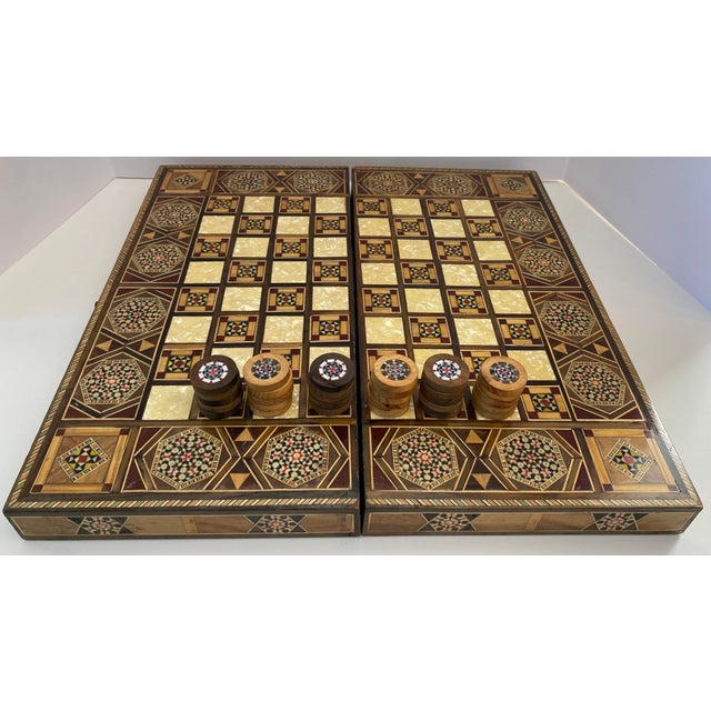 Syrian Style Mosaic Wooden Inlaid Marquetry Box Backgammon Set For Sale - Image 4 of 8