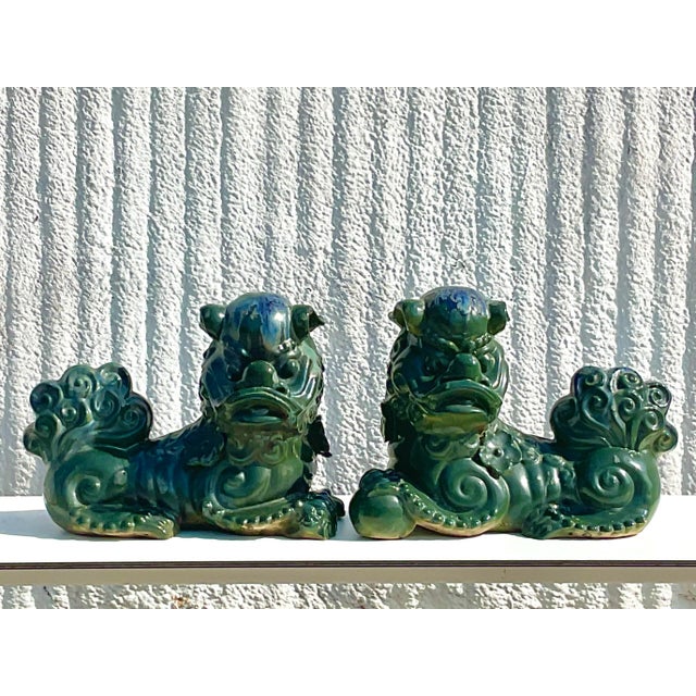 Dark Green Vintage Emerald Glazed Ceramic Foo Dogs – A Pair For Sale - Image 8 of 12