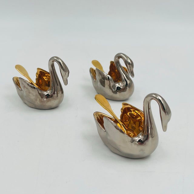 Vintage Limoges Silver/Platinum and Gold Plated Porcelain Swan Salt Cellar With Gold Plated Spoon For Sale - Image 10 of 12