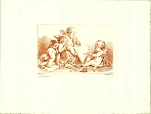 1990s J.B. Huet 'Three Cherubs' Renaissance Red France Etching