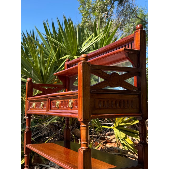 Vintage Mahogany Cheveret Bar Cart With Mirror & Glass Display | Traditional Hall Console For Sale - Image 4 of 7