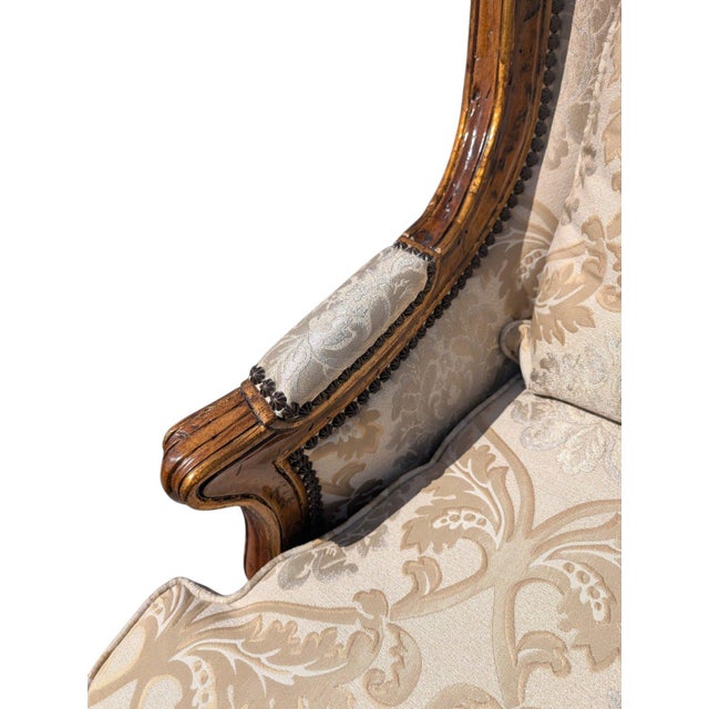 Late 20th Century French Provincial Louis XV Style Carved Wingback Bergère Chair in Damask For Sale - Image 11 of 12