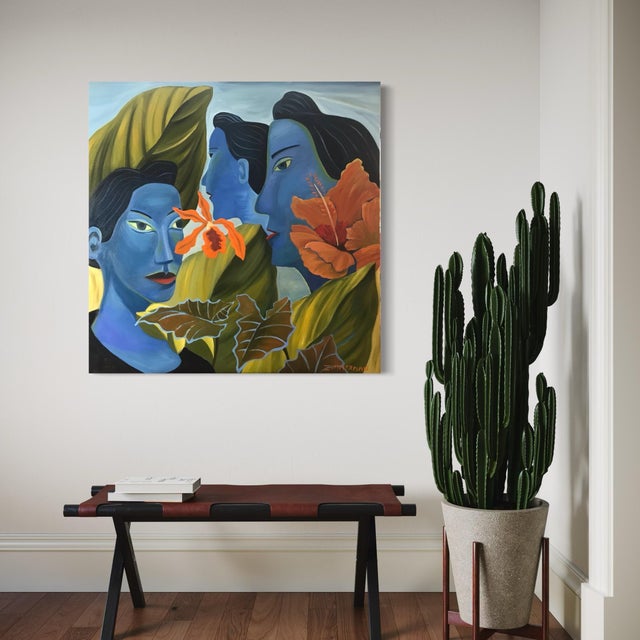 Textile Marc Zimmerman "Jungle Blues" Oil Painting, Blue Figurative Portraits in Tropical Setting, Hibiscus Blooms, Gold Foliage, Contemporary Art West Coast For Sale - Image 7 of 9