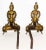 Antique early 20th century andirons having finely cast Neoclassical style decorative motifs. Cast iron with brass...