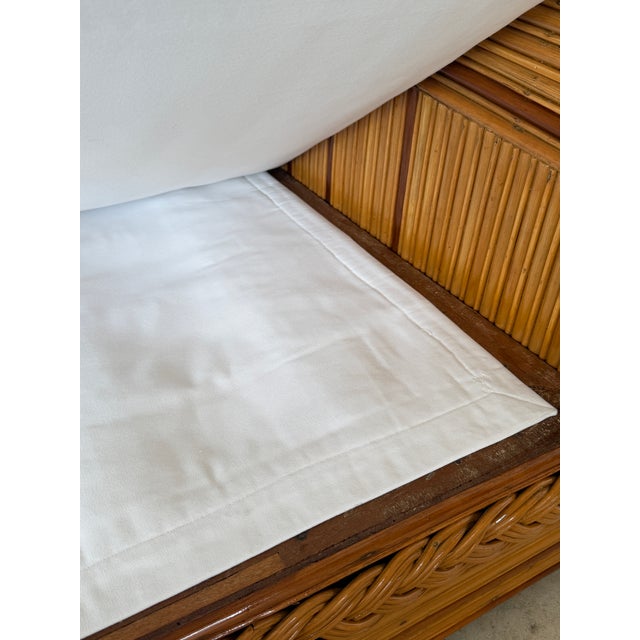 Mid-20th Century Pencil Reed Rattan Sofa With Sculptural Rolled Arms & Brass Cap Feet For Sale - Image 11 of 12