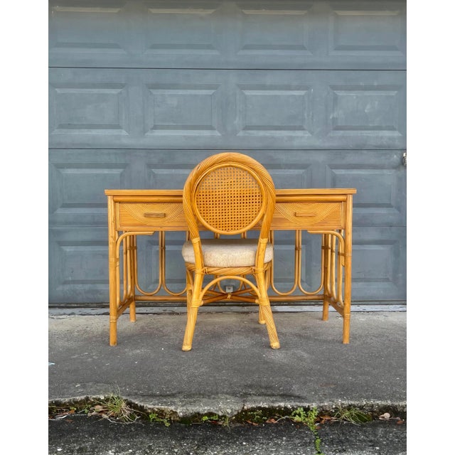 Mid-Century Modern Gabriela Crespi Style Split-Reed Rattan Motif Writing Desk With Matching Desk Chair For Sale - Image 3 of 13