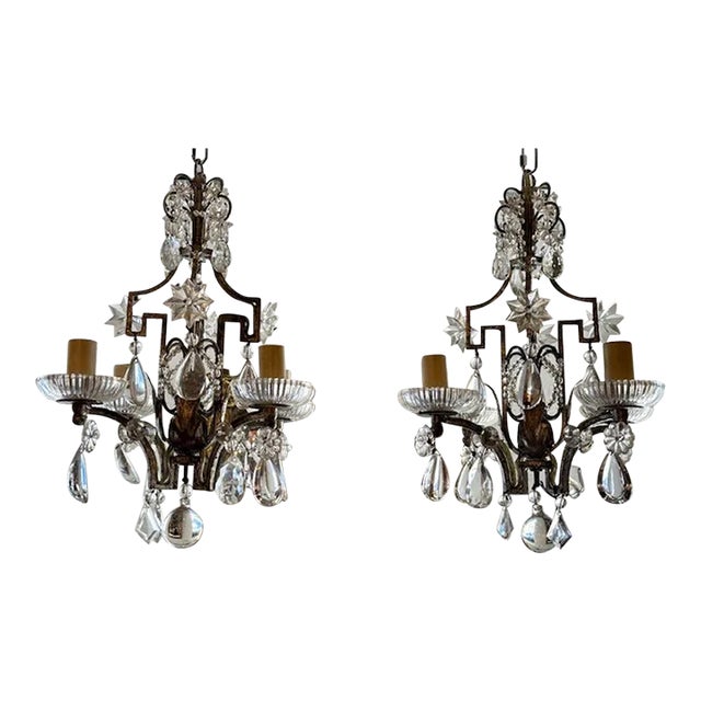 Pair of Petite Maison Bagues Silver Leaf and Crystal Chandeliers For Sale