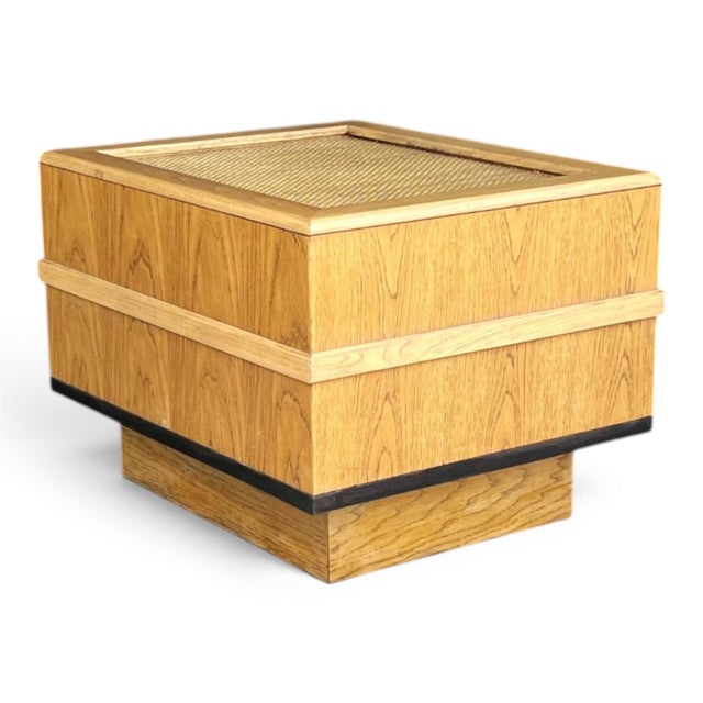 Mid-Century Modern Pair of 1960s Scandinavian Modern Oak End Tables With Rattan Tops For Sale - Image 3 of 15