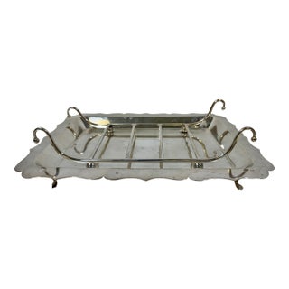 Antique Mappin & Webb Footed Silver Plate Asparagus Serving Tray & Rack With Graceful Chippendale Edge From England - Circa 1915 For Sale