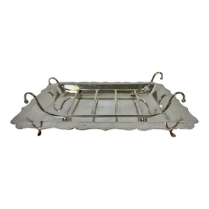 Antique Mappin & Webb Footed Silver Plate Asparagus Serving Tray & Rack With Graceful Chippendale Edge From England - Circa 1915