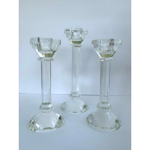 Contemporary Contemporary Faceted Crystal Glass Candlesticks, Set of 3 For Sale - Image 3 of 10