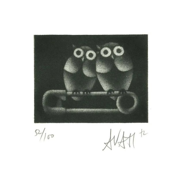 Owls on Brooch - Original Etching on Paper by Mario Avati - 1970s 1970s For Sale - Image 3 of 3