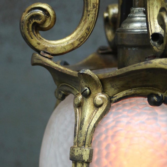 Metal French Art Nouveau Brass and Etched Glass Lantern Pendant Light, 1920s For Sale - Image 7 of 12