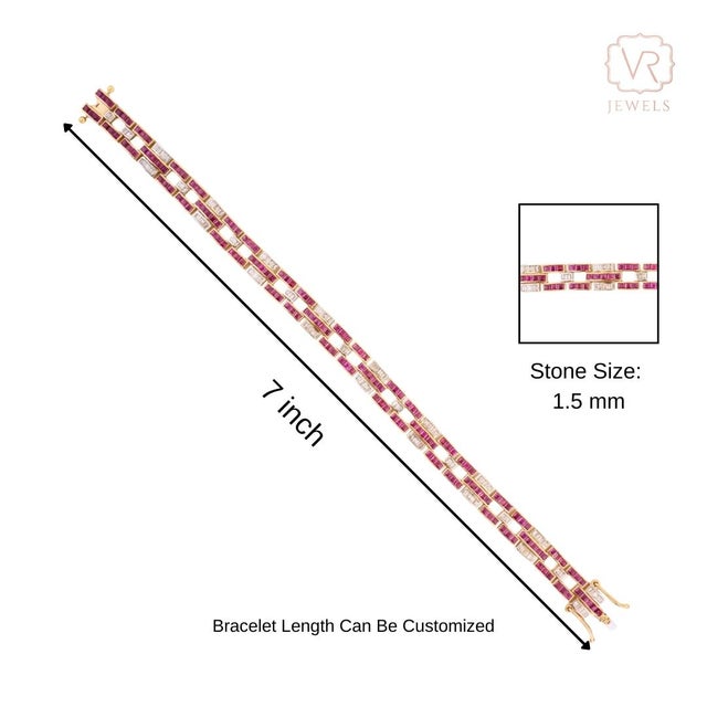 Greek Inspired Channel Set Ruby Diamond Vintage Link Bracelet in 14k Gold For Sale - Image 9 of 14