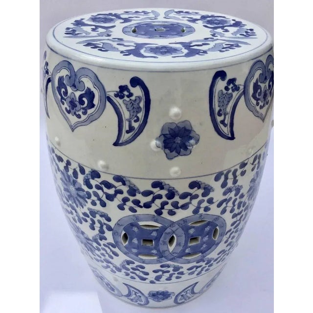 Ceramic Asian Garden Seat in Blue and White Floral Motifs For Sale - Image 9 of 12