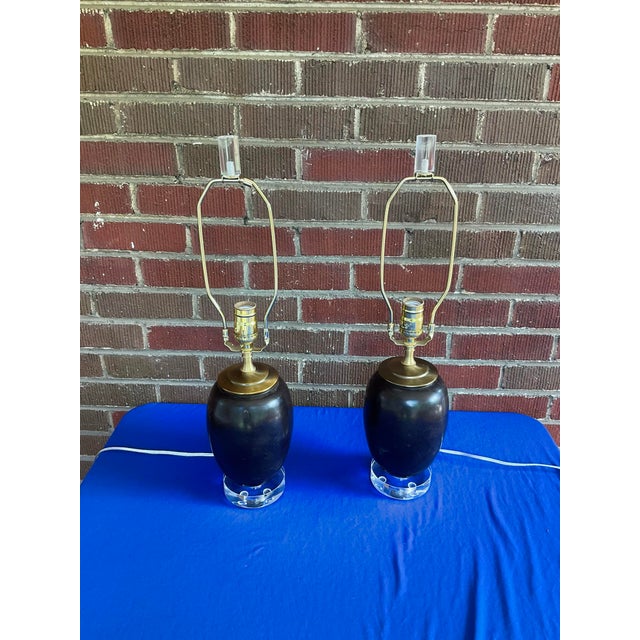 Pair Antique Japanese Bronze Vase Lamps with Lucite Bases in very good estate condition. There are some scuffs and wear to...