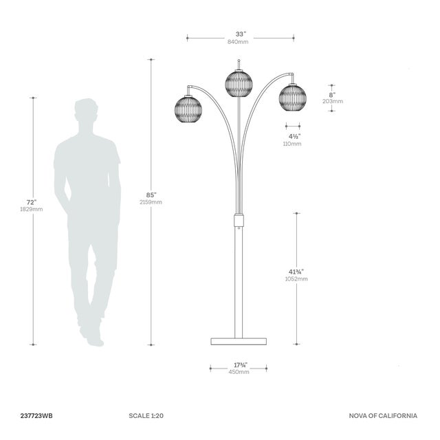 Nova of California Moraga 3 Light Arc Floor Lamp, Bone Porcelain, Weathered Brass & Walnut, 4-Way Rotary Switch, Marble Base For Sale - Image 12 of 18