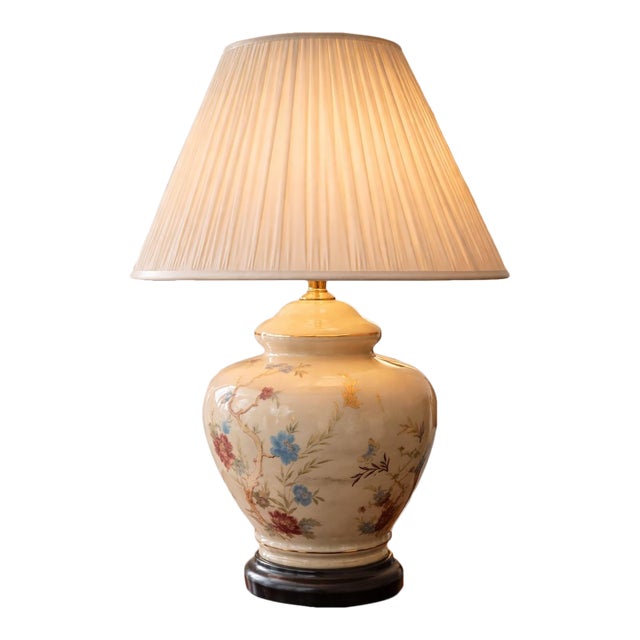 Vintage Floral Porcelain Table Lamp With Hand-Painted Botanical Motif and Wood Base For Sale