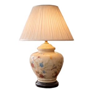 Vintage Floral Porcelain Table Lamp With Hand-Painted Botanical Motif and Wood Base