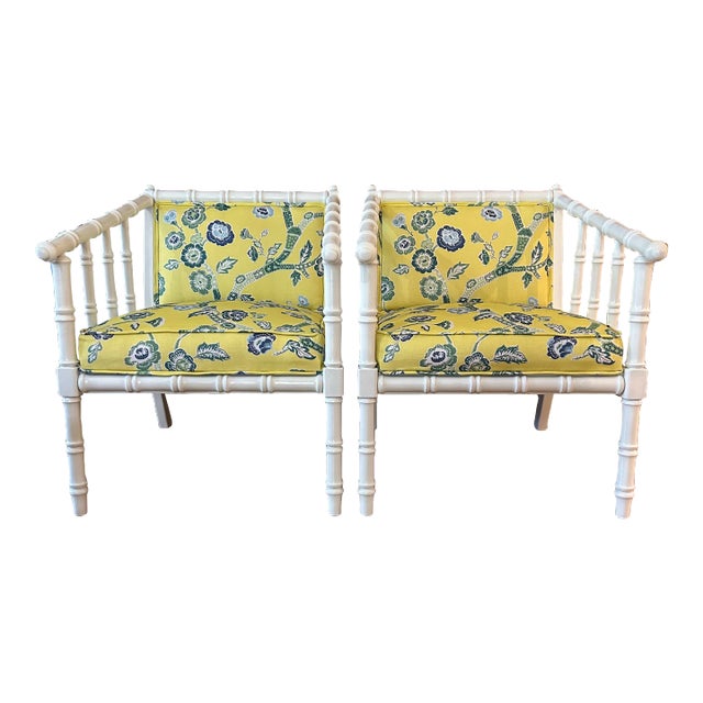 1971 White Chinoiserie Faux Bamboo Club Chairs by Ayers Furniture With Mad Cap Cottage Fabric For Sale
