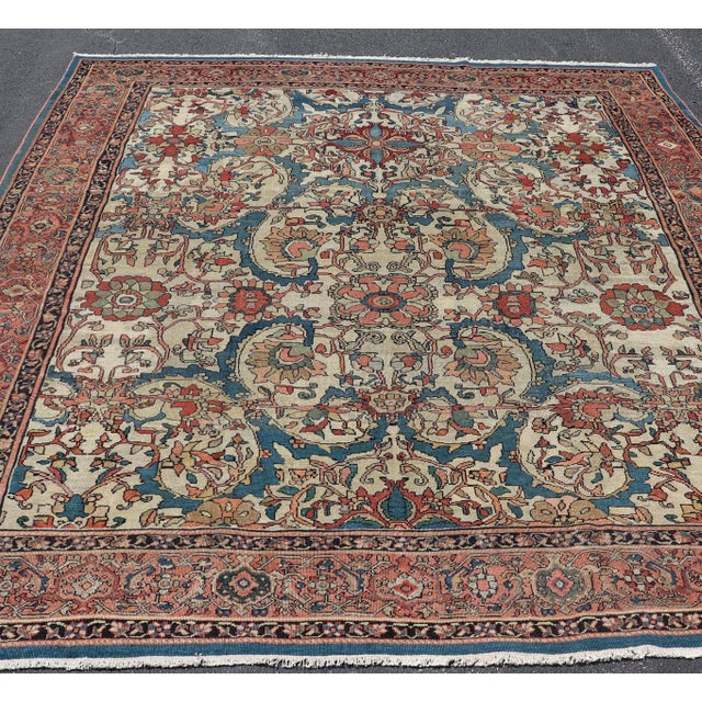 Textile Antique Persian Sultanabad Rug in Ivory Background, Blue, Salmon & Multi Colors For Sale - Image 7 of 17