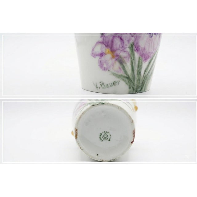 Art Nouveau Antique Signed v. Bauer Hand-Painted Iris Porcelain Vase For Sale - Image 3 of 5