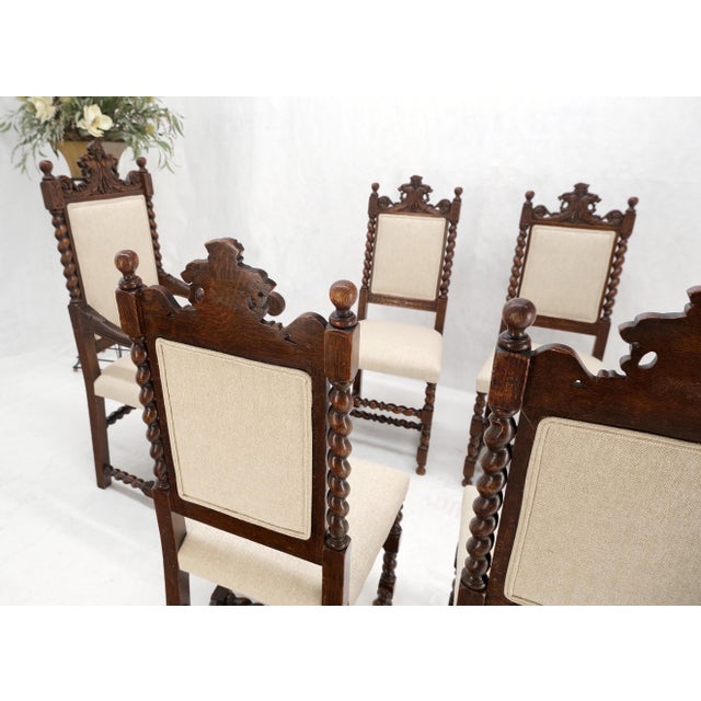 6 Fine Carved Oak Lion Heads Twisted Legs New Upholstery Jacobean Dining Chairs For Sale - Image 12 of 14