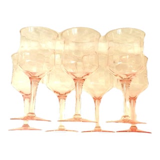Mid 20th Century Pink Fostoria Set of 7 Crystal Etched Stemware Glasses For Sale