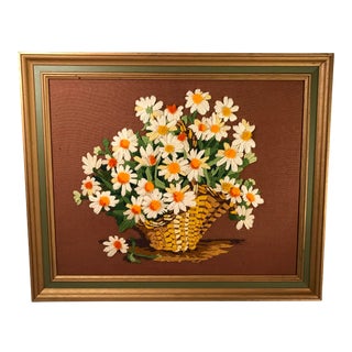 Vintage Crewel Embroidered Basket of Daisies, Framed For Sale