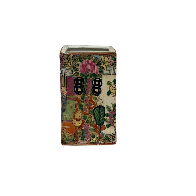 Chinese Vintage Chinese Square Floral Bird Figural Graphic Porcelain Holder For Sale - Image 3 of 9