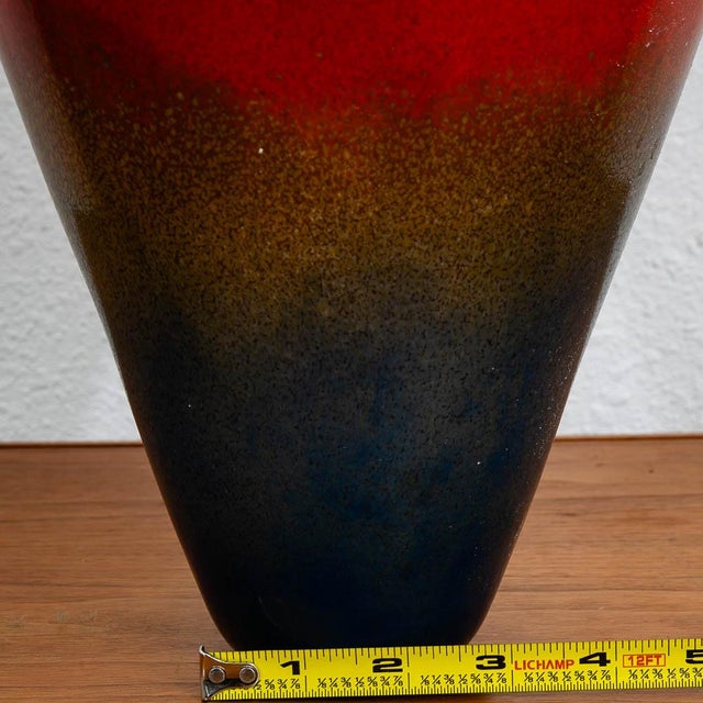 Mid Century Modern Studio Glass Vase Blue Red and Yellow 70s Handblown Flower Vase For Sale - Image 12 of 12