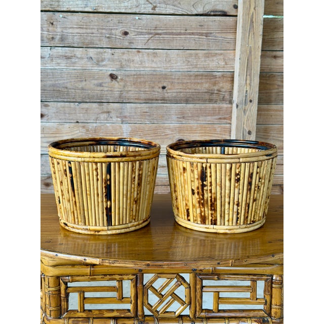 Pair of Vintage Tortoiseshell Bamboo Cache Pots or Planters For Sale - Image 11 of 11