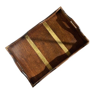 1970s Wood Serving Tray With Handles and Brass Accents For Sale