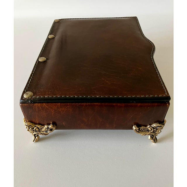 Mid 20th Century Vintage Italian Florentine Tooled Leather Valet Jewelry Box With Ornate Brass Feet For Sale - Image 5 of 18