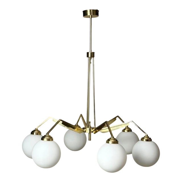 Mid 20th Century Stilnovo Style Italian Brass Six-Light Chandelier With Opaline Glass Globes For Sale