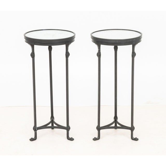 Pair of Theodore Alexander Mirrored Circular Side Tables, on three bronzed legs terminating in claw feet, "Theodore...