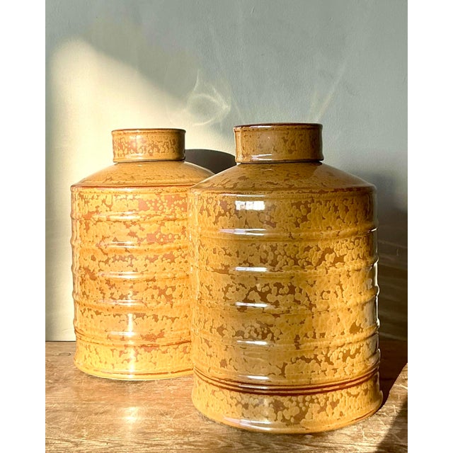 Vintage Glazed Ceramic Ribbed Lidded Urns - A Pair For Sale - Image 12 of 12