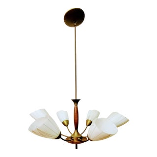 Mid-Century Teak and Brass 6 Arm Painted Tulip Shades Chandelier For Sale
