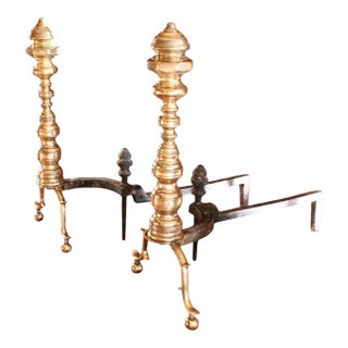 Pair of Antique American Brass Andirons With Turned Finials For Sale