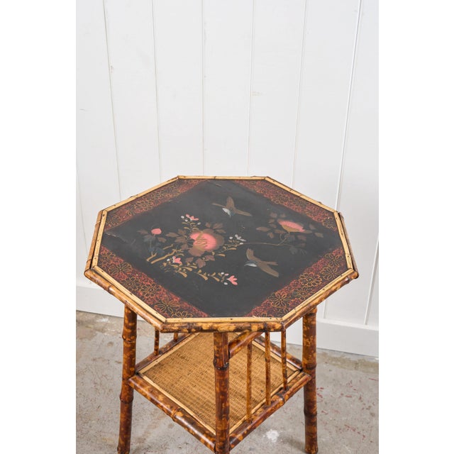 Wood 19th Century Aesthetic Movement Octagon Tiger Bamboo Two-Tier Side Table With Lacquered Top For Sale - Image 7 of 10